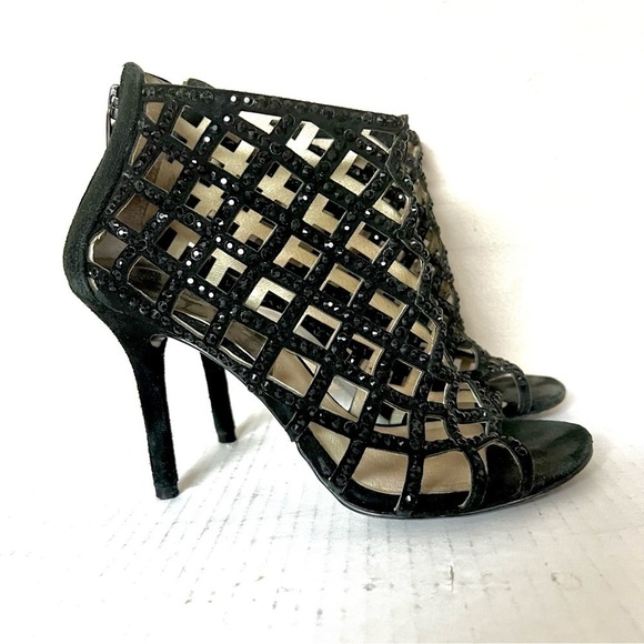 MICHAEL Michael Kors Yvonne rhinestone Caged Open Toe Sandals Black Suede 5 - Picture 3 of 10